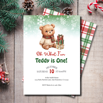 Oh What Fun, Teddy Is One! Christmas Teddy Bear First Birthday Invitation – Editable Canva Template