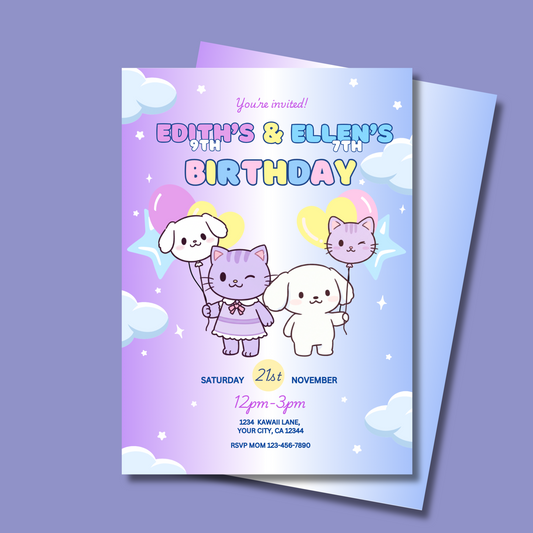 Duo Birthday Invite Editable, Kawaii Sibling Invitation, 5x7 Hand Drawn