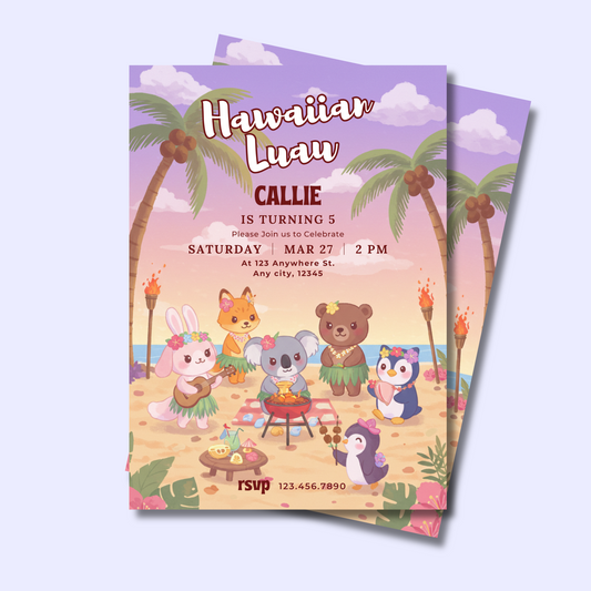 Luau Editable Invitation, Kawaii Animals Birthday Invite, Cute Tropical Animal Party for Kids, Beach Party Invite Template 5x7