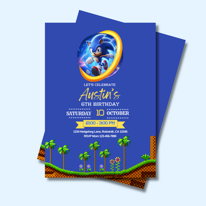 Sonic Birthday Invitation, Video Game Party Invite, Blue Boys Bday Invite, Instant Download, 5x7