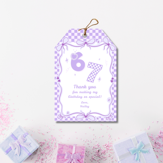 Girls 6 7 Thank You Tags: Trendy Purple Favor Tags 3x3 (Instant Download)