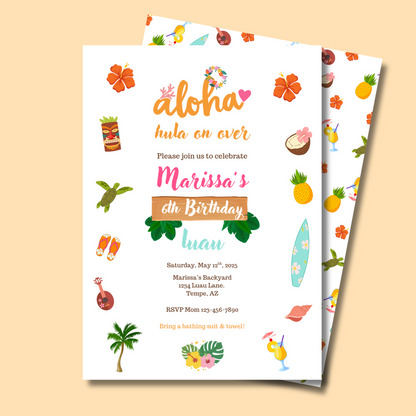 Aloha Luau Birthday Invitation Editable Template, Tropical Luau Birthday Invitation, Hawaiian Themed Party Invite 5x7