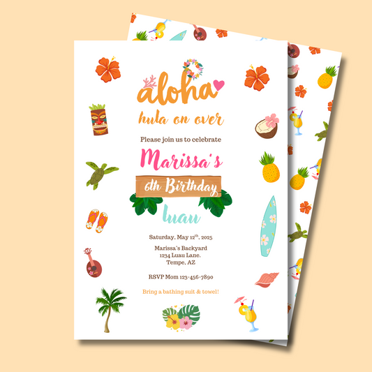 Aloha Luau Birthday Invitation Editable Template, Tropical Luau Birthday Invitation, Hawaiian Themed Party Invite 5x7