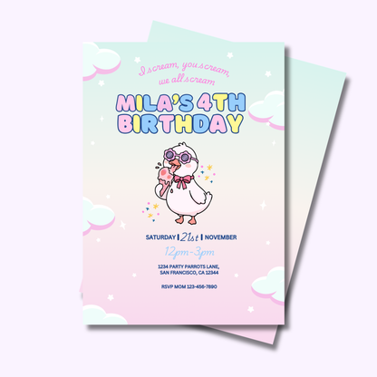 Groovy Duck Ice Cream Party Birthday Invite Editable | 5x7 | Instant Download