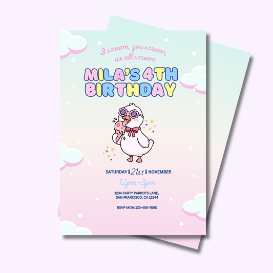 Groovy Duck Ice Cream Party Birthday Invite Editable | 5x7 | Instant Download