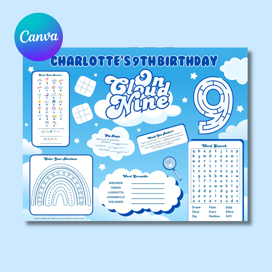 Cloud 9 Birthday Activity Placemat, Editable Cloud 9 Girls Activity Sheet Template, Digital Download In Color
