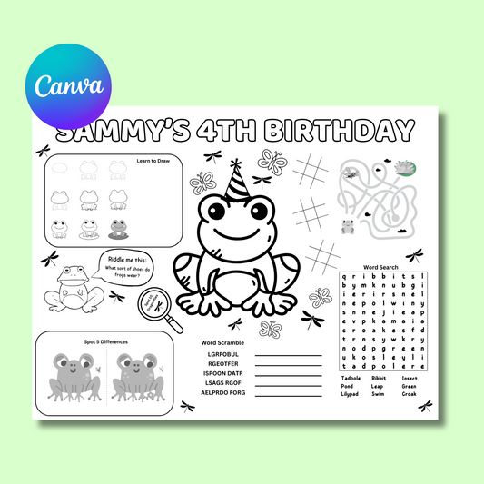 Frog Editable Activity Placemat, Kids Firefighter Birthday Activity Page Template Black & White