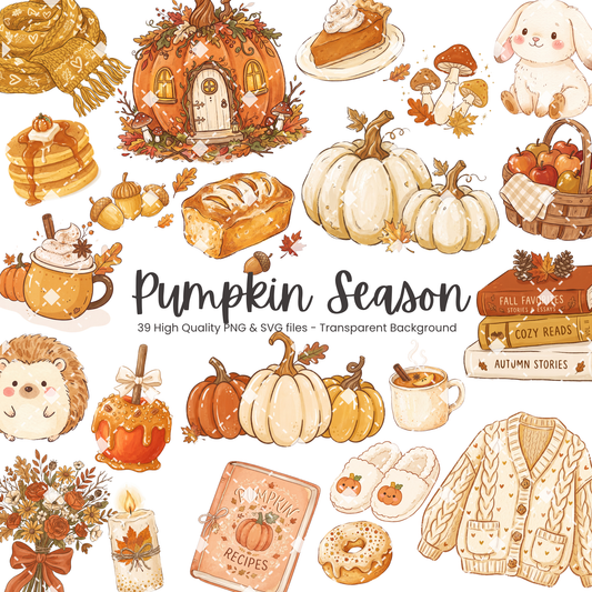 Pumpkin Season Clipart Bundle | 39 Cozy Fall PNG & SVG Designs