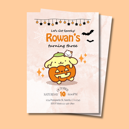 Halloween Pompompurin Birthday Invitation, Cute Sanrio Pumpkin Invite, Spooky Kawaii Kids Birthday Party Printable, Editable Template, Instant Download 5x7