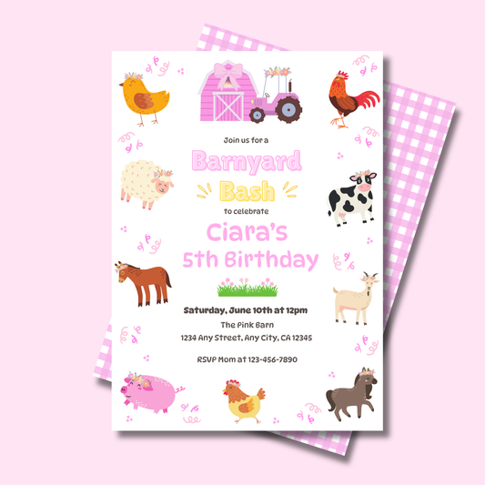 Farm Animals Birthday Invitation: Barnyard Bash Birthday Party Invite, Pastel Farm Animal Themed Invitation (Digital Download 5x7)
