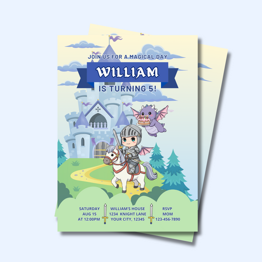 Knight Birthday Editable Invitation, Knight & Dragon Invite, Medieval Party Invite for Kids, Instant Download, 5x7