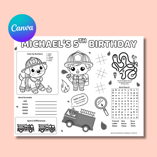 Firefighter Editable Activity Placemat, Kids Firefighter Birthday Activity Page Template Black & White