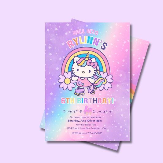 Hello Kitty Let's Roll Roller Skating Rainbow Birthday Invite Editable | 5x7 | Instant Download
