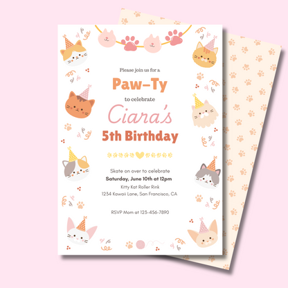 Cat Editable Invitation, Cute Cats Birthday Invite, Kitty Cat Birthday Party, Let's Pawty, Digital Template
