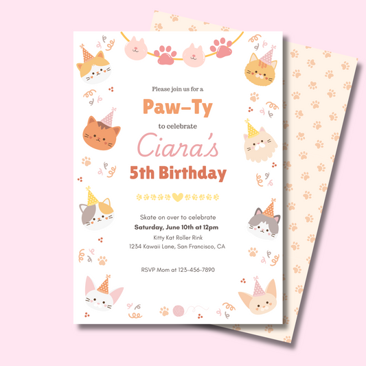 Cat Editable Invitation, Cute Cats Birthday Invite, Kitty Cat Birthday Party, Let's Pawty, Digital Template