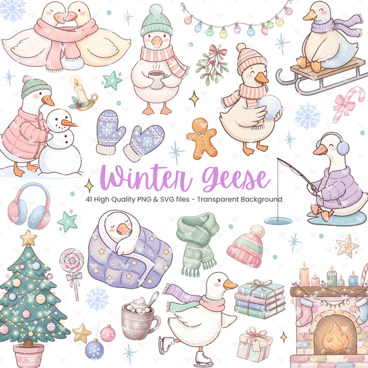 Cozy Winter Geese Clipart Bundle | 41 Cute PNG & SVG Winter Goose Designs