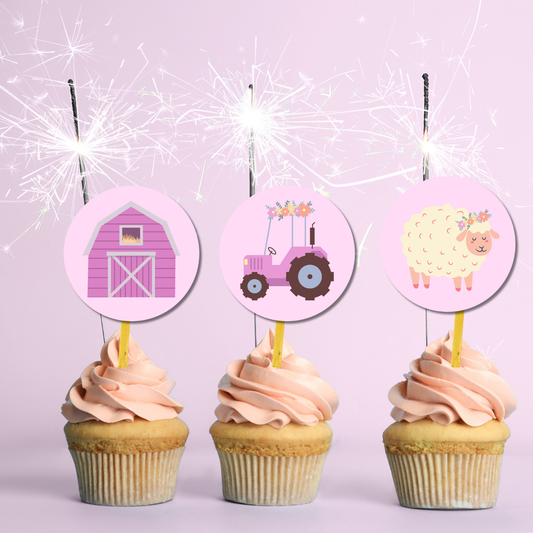 Pink Farm Animals Cupcake Toppers: Barnyard Party Cake Topper Template (Instant Download)