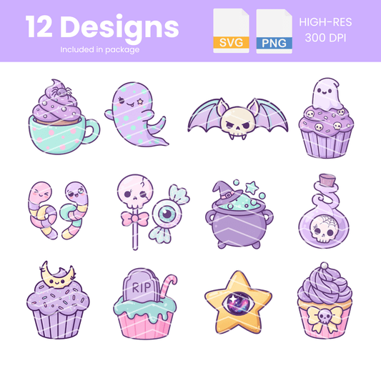 Kawaii Spooky Clipart Bundle | 12 Kawaii Halloween PNG & SVG Digital Files