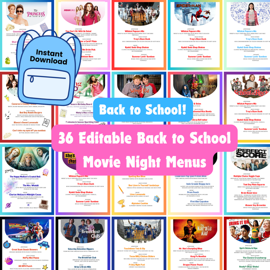Back to School Movie Night Menus: 30+ Editable Family Dinner Ideas (Printable Canva Template)