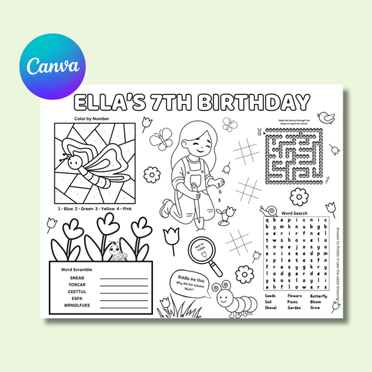 Garden Editable Activity Placemat, Kids Garden Birthday Activity Page Template Black & White