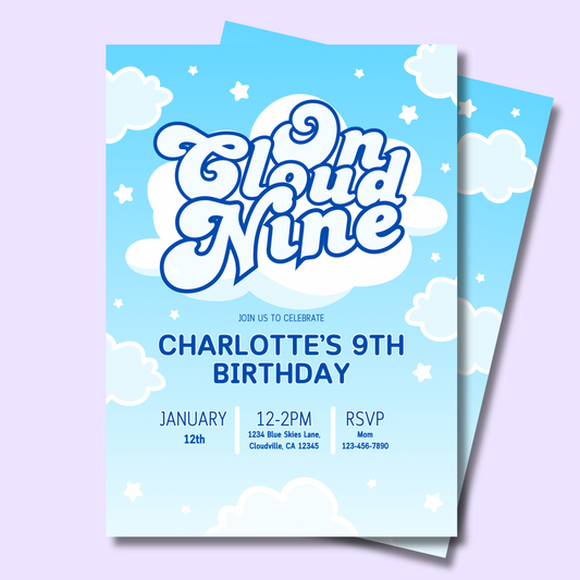 On Cloud Nine Invite Editable, Cute Blue Cloud Party Invitation, Cloud 9 Sleepover Invite Printable 5x7