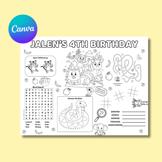 Jungle Editable Activity Placemat, Wild Animals Safari Birthday Party Activity Page Template, Kids Placemat Black & White