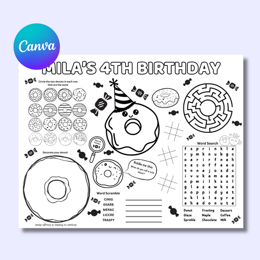 Donut Editable Activity Placemat, Cute Donut Birthday Activity Page Template Black & White