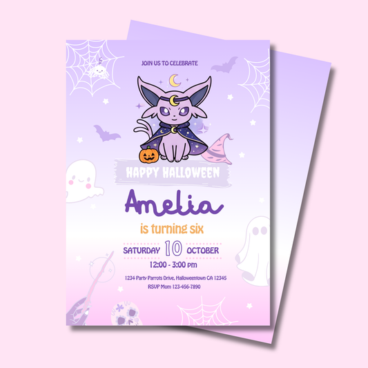Espeon Halloween Birthday Invitation, Pokemon Editable Template, Instant Download 5x7