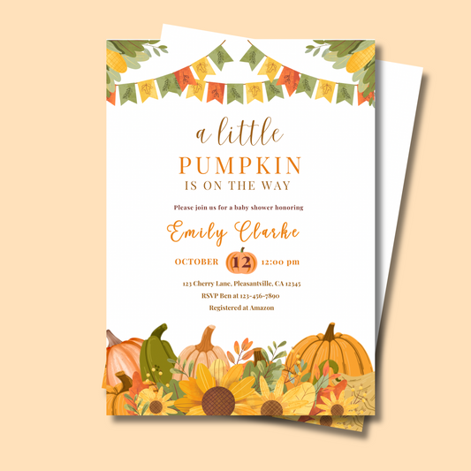 Halloween Pumpkin Baby Shower Invitation, Party Printable, Editable Template, Instant Download 5x7