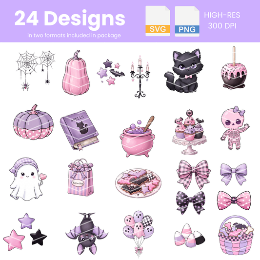 Kawaii Spooky Clipart Bundle | 24 Kawaii Halloween PNG & SVG Digital Files