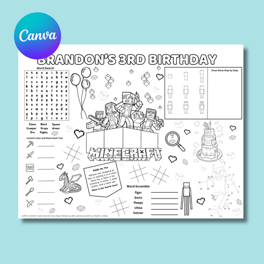 Minecraft Birthday Activity Page Placemat Editable Parody Black & White