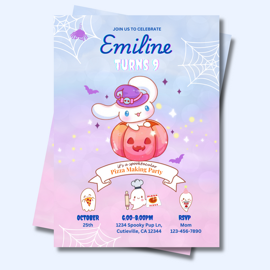 Halloween Cinnamoroll Pizza Party Birthday Invitation, Cute Sanrio Pumpkin Invite, Spooky Kawaii Kids Birthday Party Printable, Editable Template, Instant Download 5x7