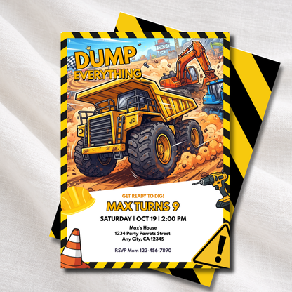 Dump Truck Construction Birthday Invitation | Editable Canva