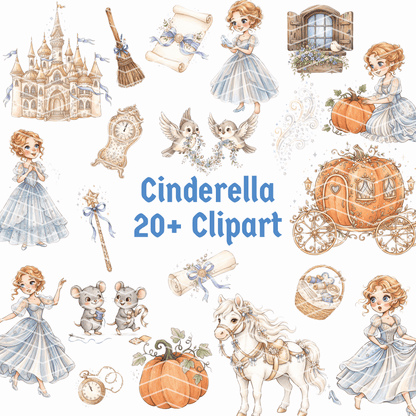 Cinderella Storybook Clipart Bundle | 22 Kawaii Fairytale PNG & SVG Digital Files