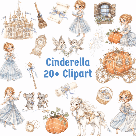 Cinderella Storybook Clipart Bundle | 22 Kawaii Fairytale PNG & SVG Digital Files