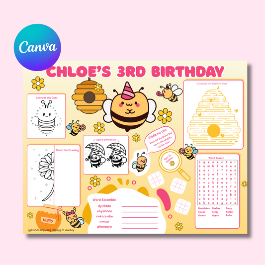 Bee Editable Activity Placemat, Honey Bee Birthday Activity Page Template in Color