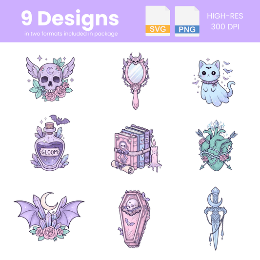 Pastel Goth Clipart Bundle | 9 Kawaii Halloween PNG & SVG Digital Files
