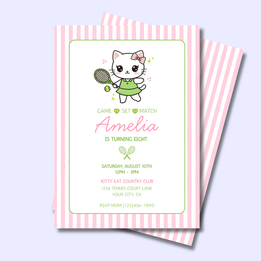 Cat Tennis Editable Birthday Invitation, Kawaii Kitty Tennis Invitation, Preppy Pink & Green Invite, Instant Download 5x7