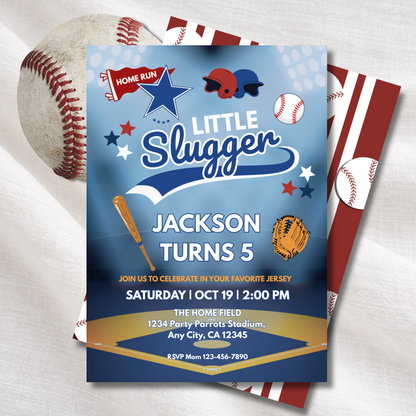 Little Slugger Baseball Birthday Invitation | Editable Canva
