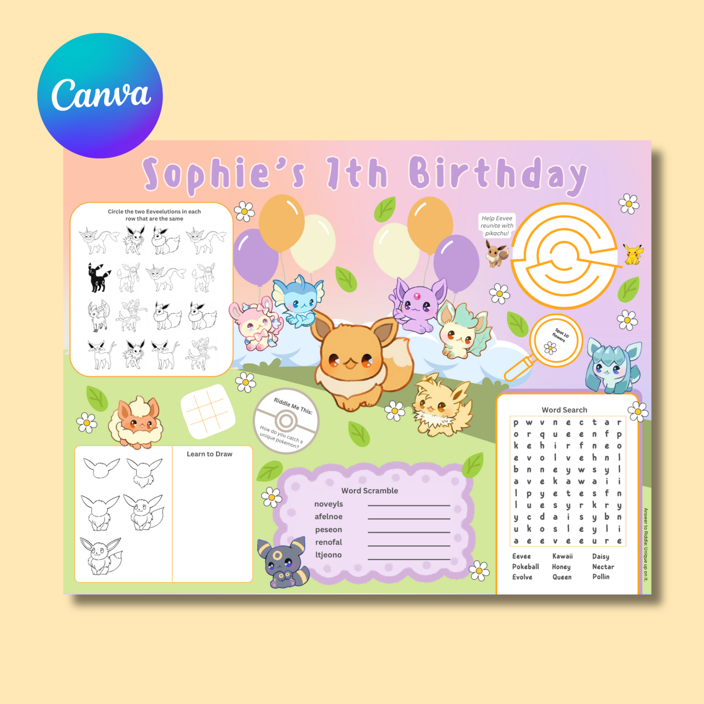 Eeveelution Activity Placemat, Printable Activity Sheet, Kawaii Poke Party Game for Kids, Digital Download In Color