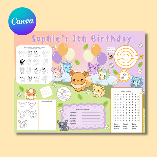Eeveelution Activity Placemat, Printable Activity Sheet, Kawaii Poke Party Game for Kids, Digital Download In Color