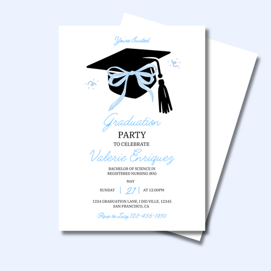 Graduation Invitation, Coquette Grad Cap Invite, Cute Blue Bow College Graduation Party Announcement, Senior Graduation Invite 5x7