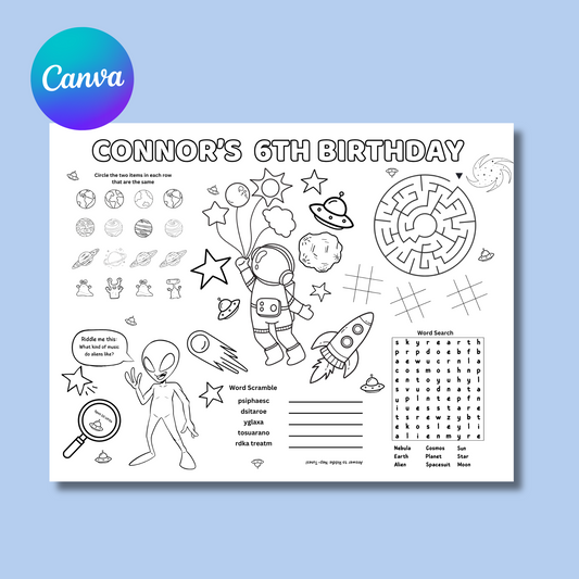 Astronaut Editable Activity Placemat, Birthday Activity Page Template Black and White