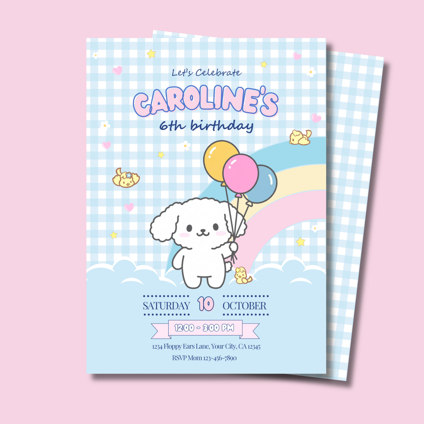 Kawaii Puppy Birthday Invite Editable, Cute Puppy Party Invitation, Party Pup Invite Printable, Blue Gingham Kids Invite 5x7 Hand Drawn