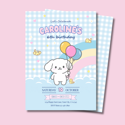 Kawaii Puppy Birthday Invite Editable, Cute Puppy Party Invitation, Party Pup Invite Printable, Blue Gingham Kids Invite 5x7 Hand Drawn