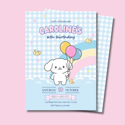 Kawaii Puppy Birthday Invite Editable, Cute Puppy Party Invitation, Party Pup Invite Printable, Blue Gingham Kids Invite 5x7 Hand Drawn