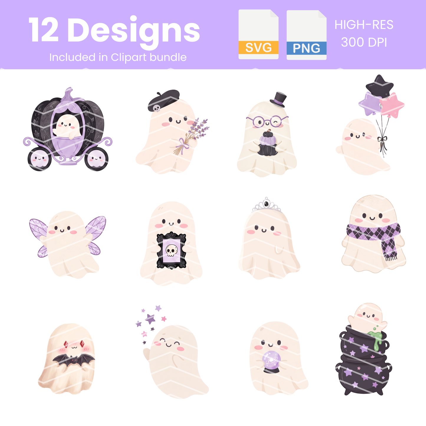 Cute Halloween Ghosts Clipart Bundle | 12 Pastel Ghosts PNG & SVG Digital Files