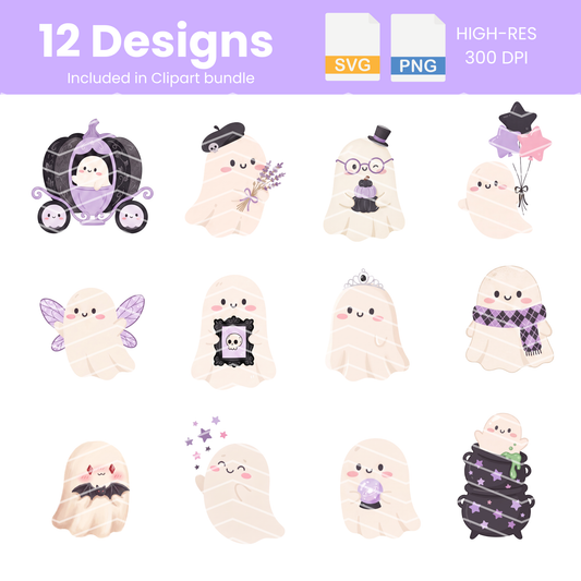 Cute Halloween Ghosts Clipart Bundle | 12 Pastel Ghosts PNG & SVG Digital Files