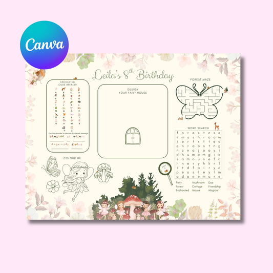 Enchanted Forest Birthday Party Placemat: Woodland Fairy Printable Activity Sheet In Color Instant Download