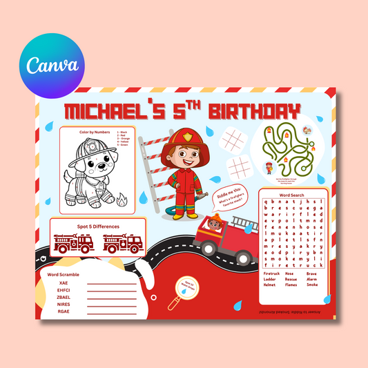 Firefighter Editable Activity Placemat, Kids Firefighter Birthday Activity Page Template in Color